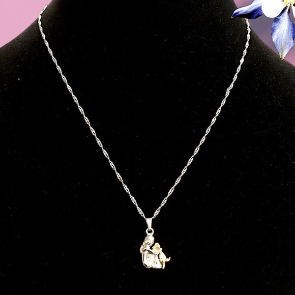 GIRL AND DOG FOR PET LOVER SILVER 925 TWO TONE SILVER/GOLD CHAIN NECKLACE - Picture 1 of 4